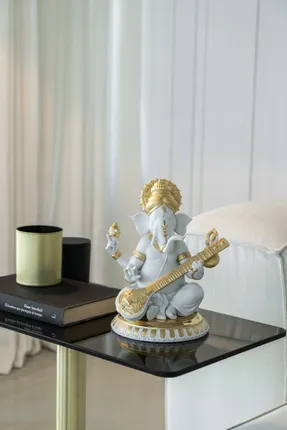 lladro Veena Ganesha Figurine Golden Lustre Sculpture