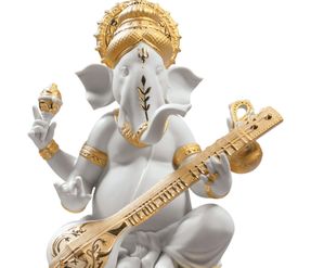 lladro Veena Ganesha Figurine Golden Lustre Sculpture