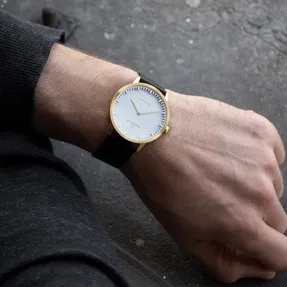 Leff Amsterdam Tube Watch T40 Brass/Black Case Black Leather Strap