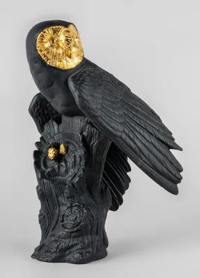 Lladro Owl Sculpture. Black-gold. Limited Edition