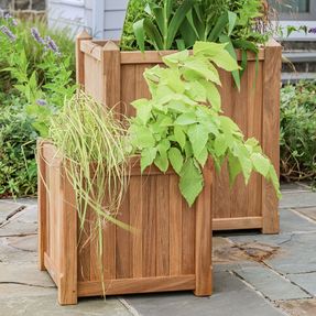 Country Casual Teak Pyramid Small Square Planter W/ 1 Plastic Liner