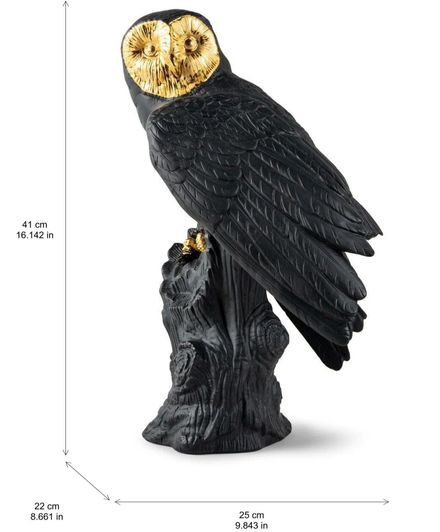 Lladro Owl Sculpture. Black-gold. Limited Edition
