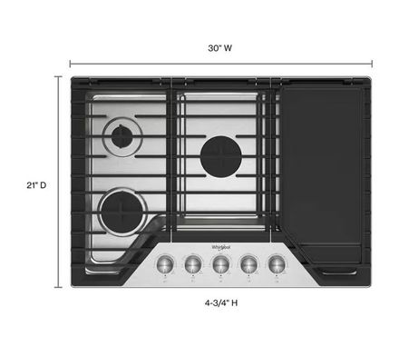 Whirlpool 30-inch Gas Cooktop with 2-in-1 Hinged Grate to Griddle