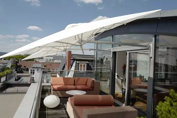 Umbros Paraflex wall mounted umbrella round 3 m with grey canopy and neo arm 2 m alu Parasols