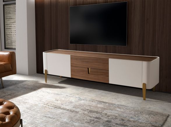 Angel Cerda TV Stand Beige Wood - Golden Polished Steel And Walnut Top