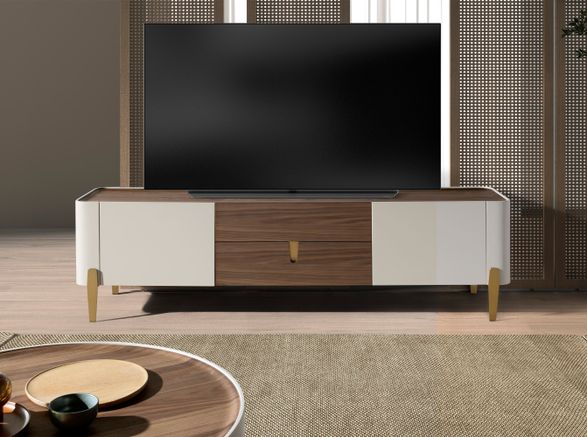 Angel Cerda TV Stand Beige Wood - Golden Polished Steel And Walnut Top