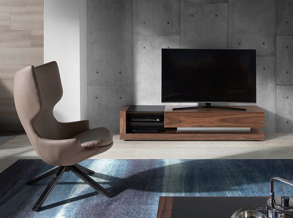 Angel Cerda Walnut Wood TV Cabinet And Black Stained Glass