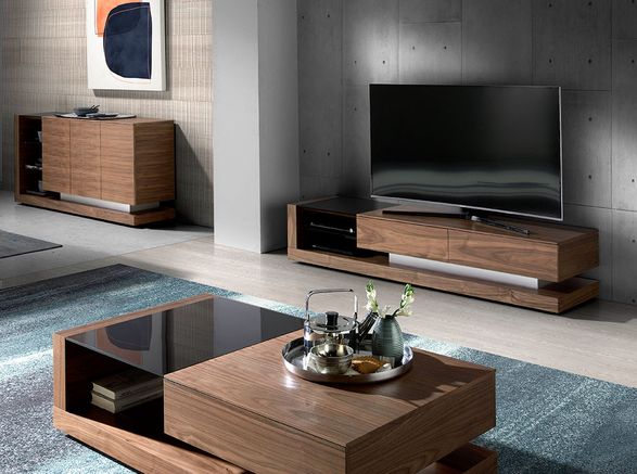 Angel Cerda Walnut Wood TV Cabinet And Black Stained Glass