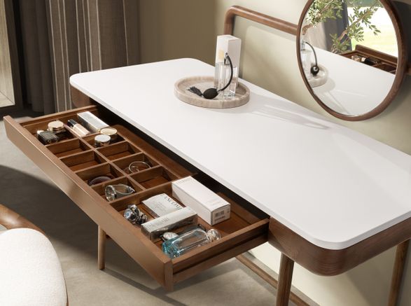 Angel Cerda Walnut Dressing Desk With White Wooden Top And Mirror