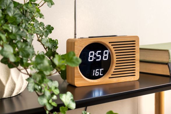 present time Alarm Clock Retro Radio Bamboo