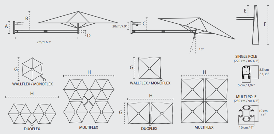 Umbrosa Paraflex Wall Mounted Umbrella Square 2.3 m