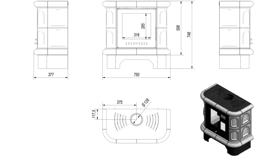 Kratki Tiled Wood Burning Steel Stove Kratki Wk440 Ø 130 5,5 Kw Cream Til
